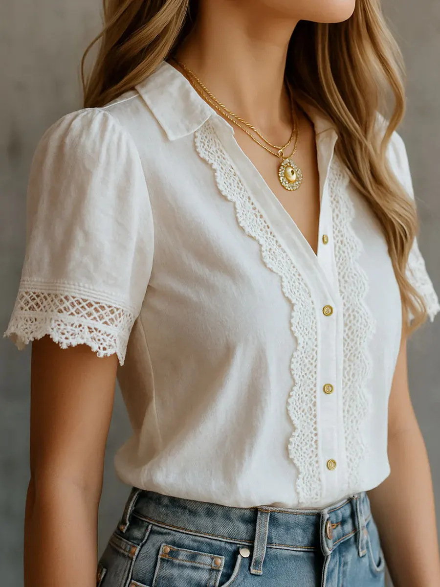 Embroidery Cotton Shirt - Camicie Eleganti da Donna, Casual, Tinta